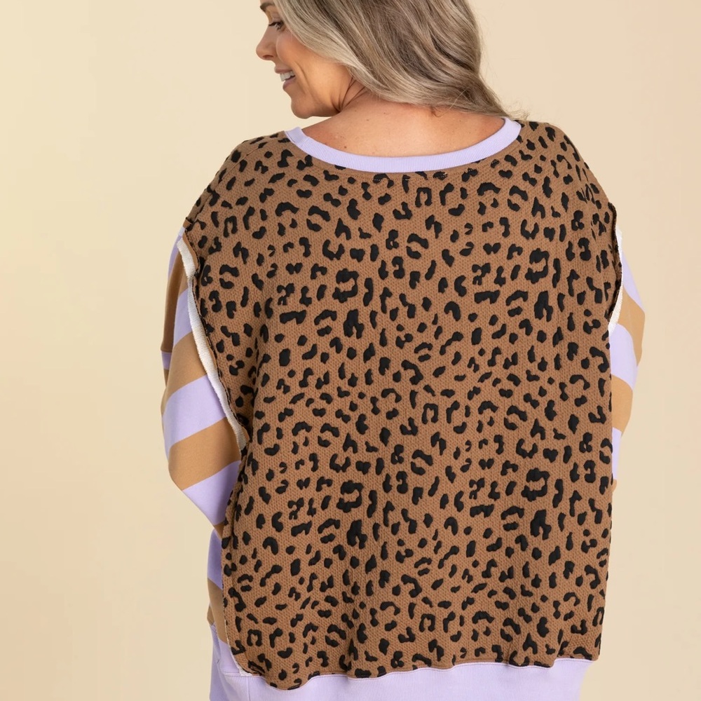 BiBi Leopard Print Sweater with Purple and Tan Accents